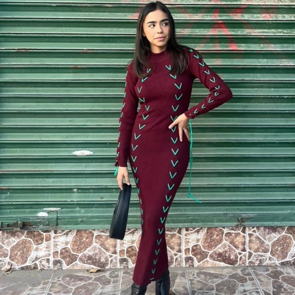 Elegant Burgundy Long Sleeve Dress with Teal Accents